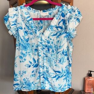 cupcakes & cashmere White and Blue Floral Ruffle Blouse